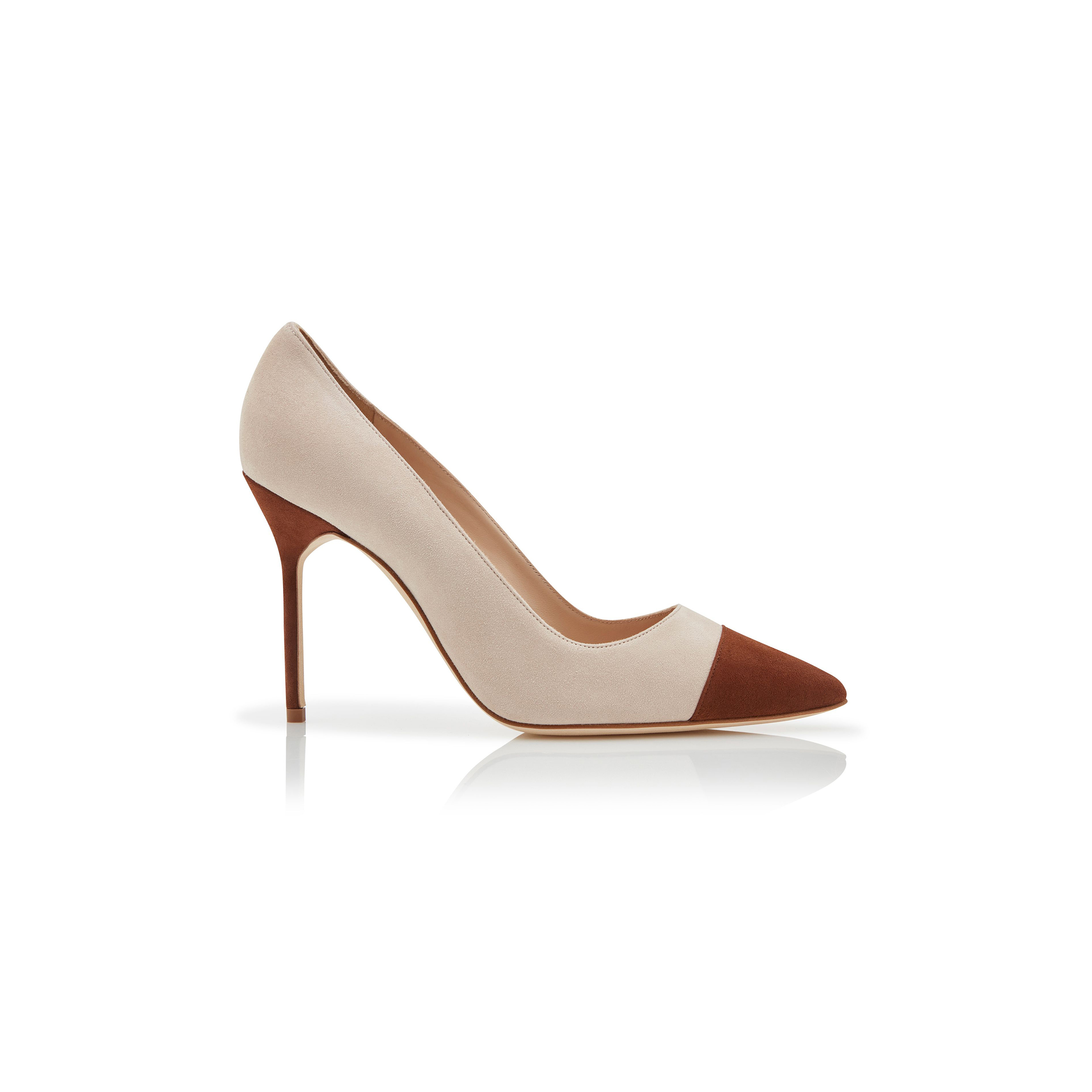 MANOLO BLAHNIK CAPCOUR BROWN AND BEIGE SUEDE POINTED TOE PUMPS 424-1966-0004